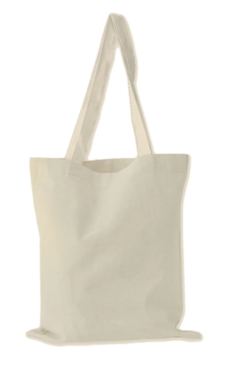 Tote bag de lienzo crudo lisa, con manijas azules, lista para estampar