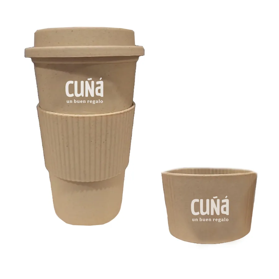 Mug térmico reutilizable de fibra de bambú, con tapa y faja, con logo impreso
